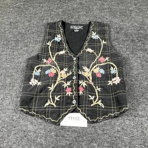 Agapo Collection Vest Womens Medium Black Floral Cotton Embroidered Cinch Back